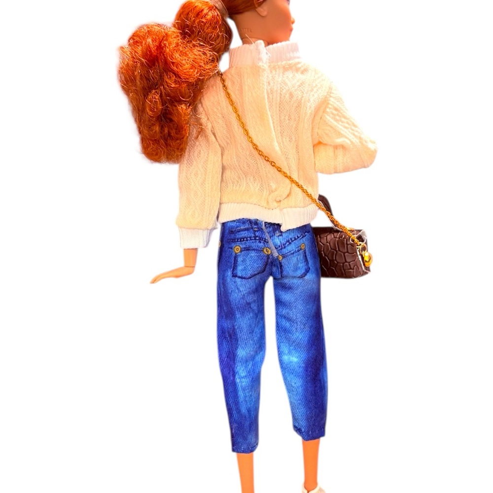 Fashion Doll in Cream Sweater & Blue Jeans with Brown Handbag - Picture 3 of 9